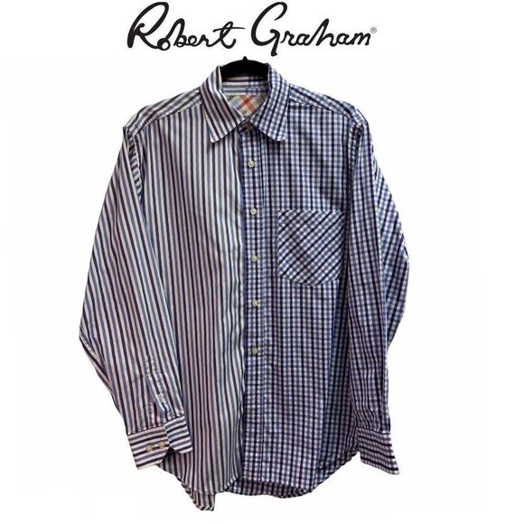 ROBERT Gtraham blue striped checkered dress shirt Sz M - Picture 1 of 4